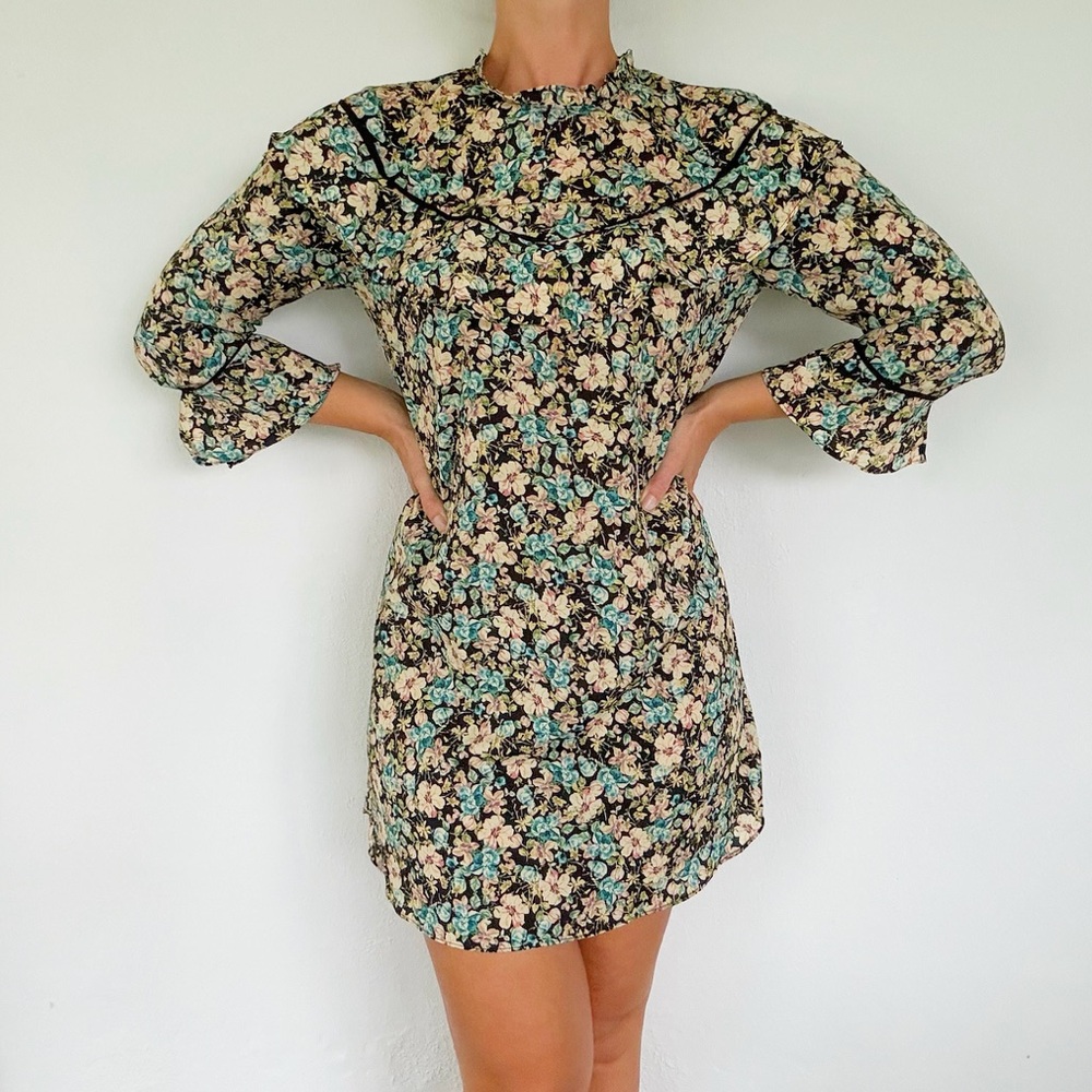 ZARA blue cream floral print long sleeve ruffle neckline shift dress size XS